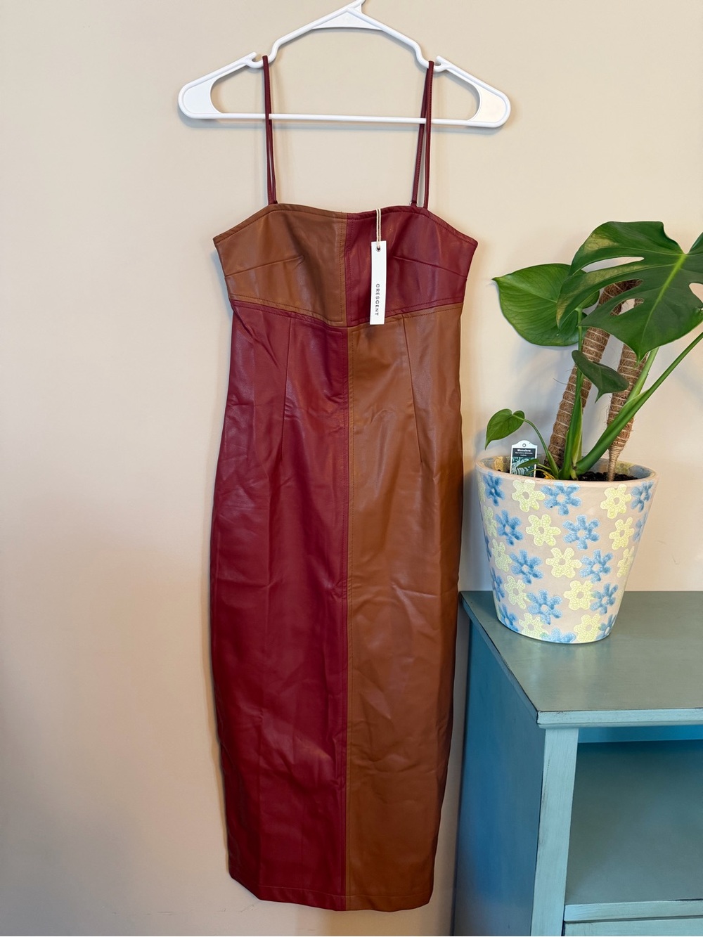 NWT Crescent Burgundy and Brown Faux Leather Colorblock Midi Dress